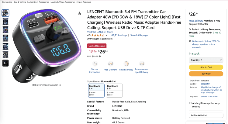 Amazon: LENCENT Bluetooth 5.4 FM Transmitter Car Adapter 48W – Now $26 – 18% Off